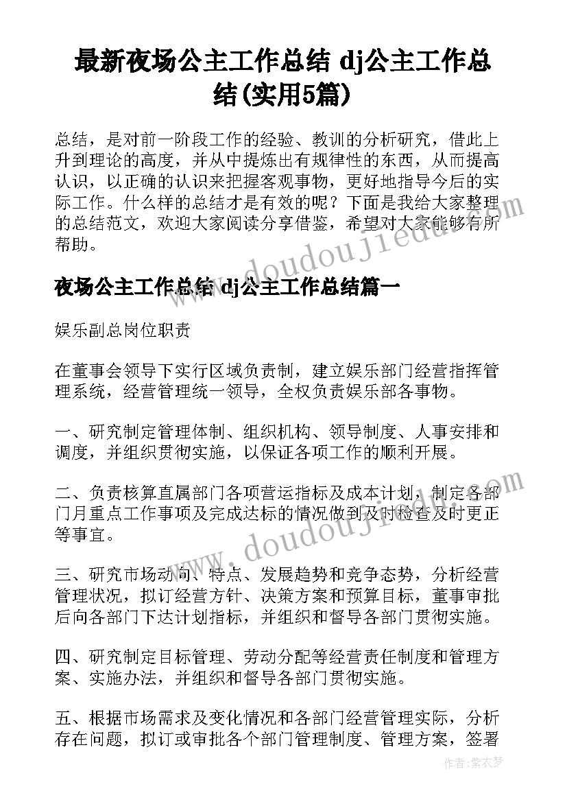 最新夜场公主工作总结 dj公主工作总结(实用5篇)