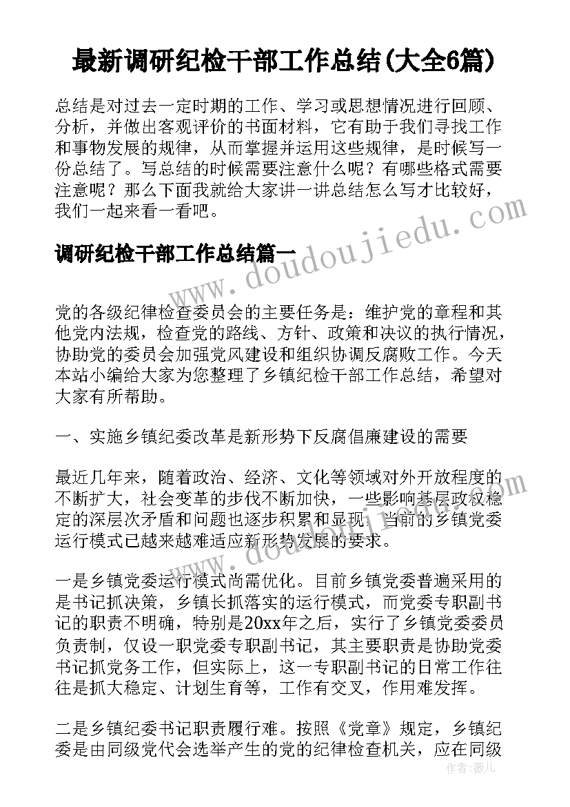 最新调研纪检干部工作总结(大全6篇)