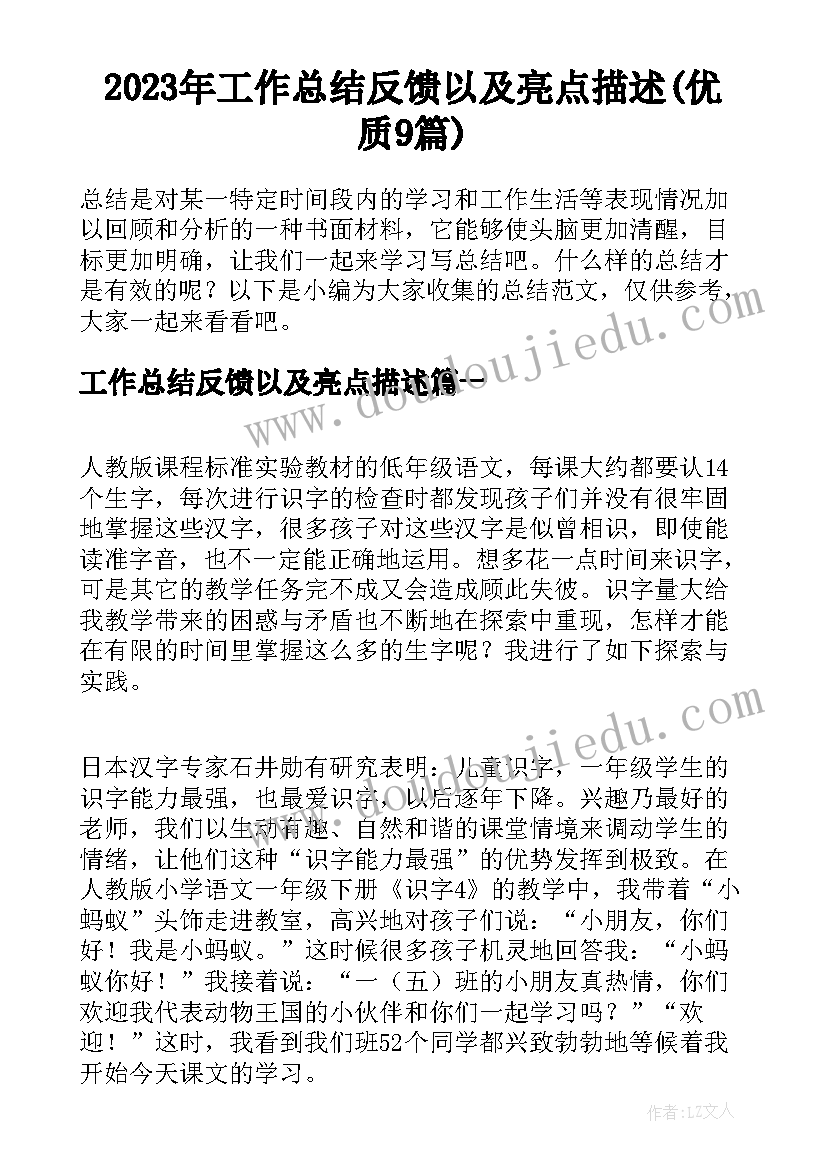 2023年工作总结反馈以及亮点描述(优质9篇)