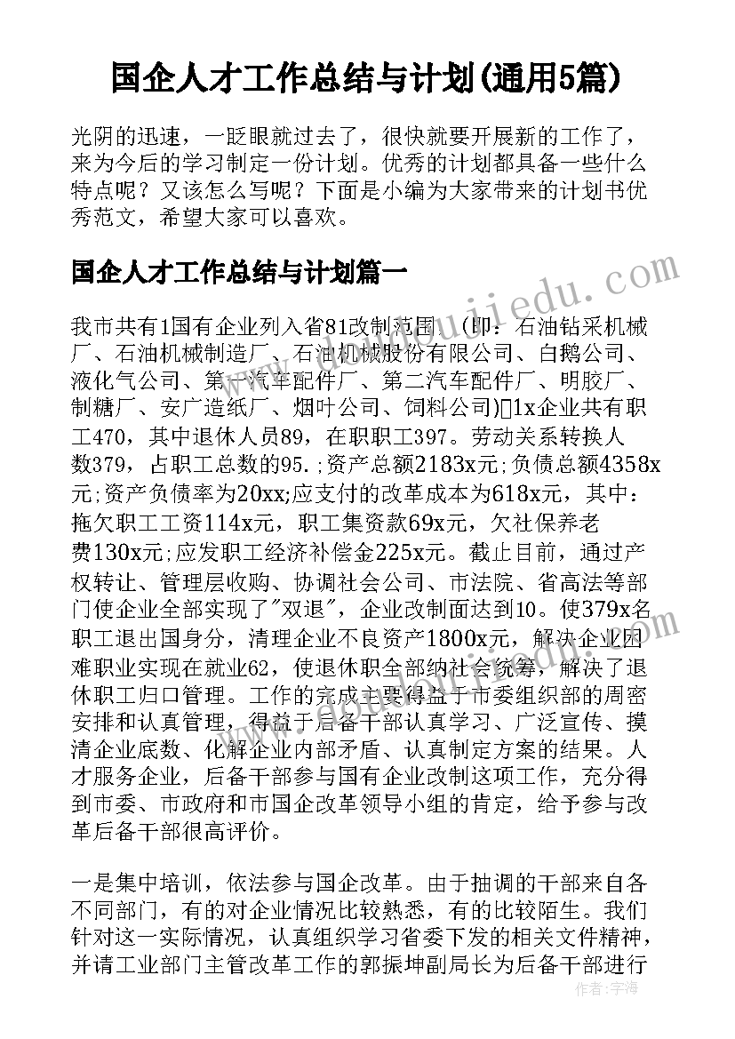 国企人才工作总结与计划(通用5篇)