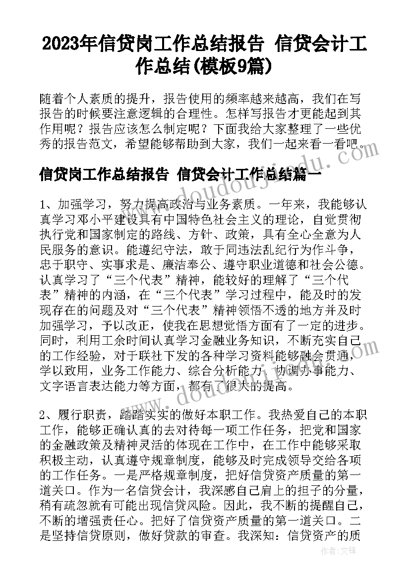 2023年信贷岗工作总结报告 信贷会计工作总结(模板9篇)