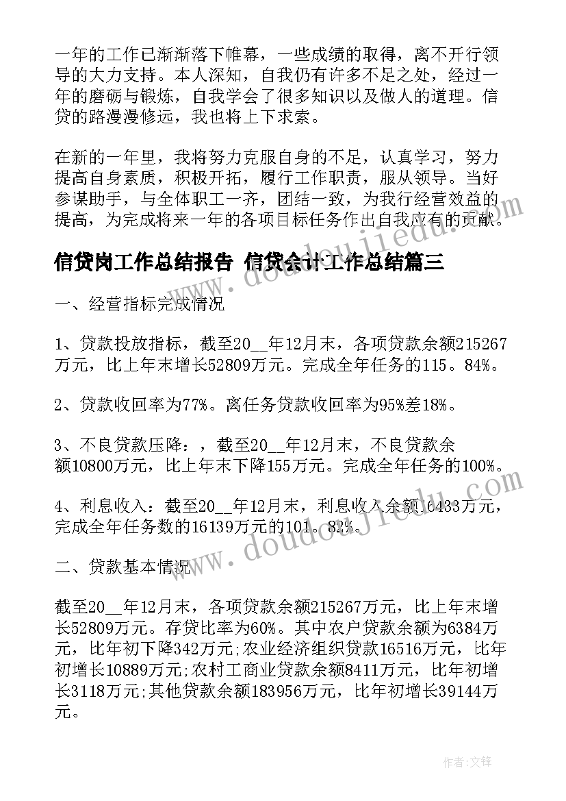 2023年信贷岗工作总结报告 信贷会计工作总结(模板9篇)