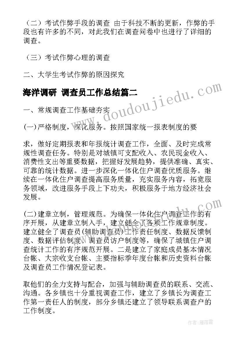 2023年海洋调研 调查员工作总结(通用8篇)