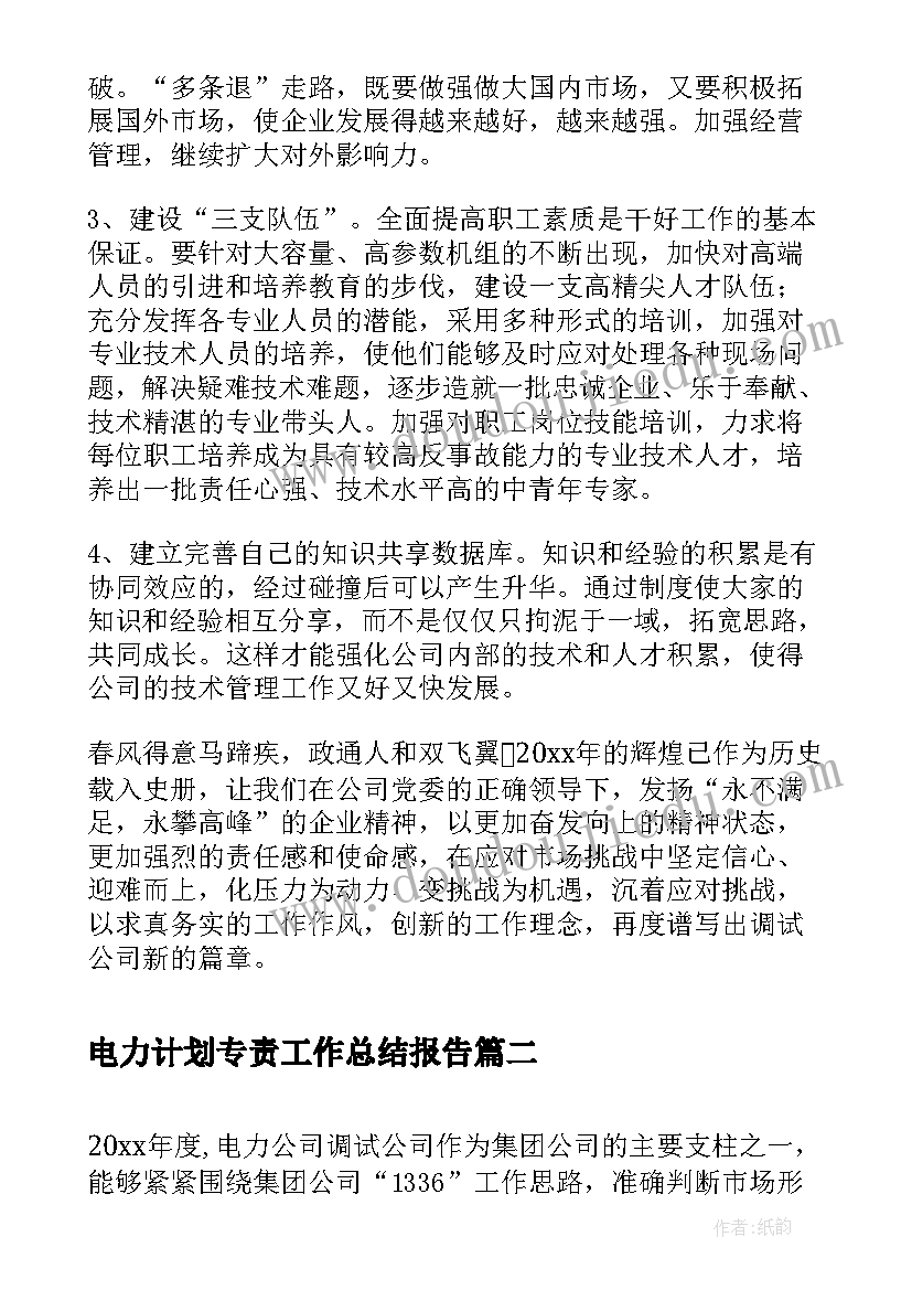 2023年电力计划专责工作总结报告(通用5篇)