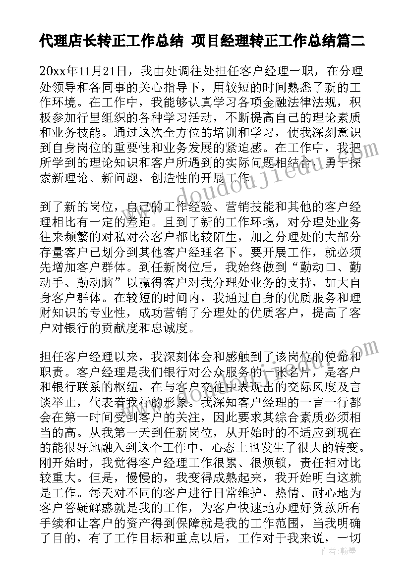 代理店长转正工作总结 项目经理转正工作总结(汇总8篇)