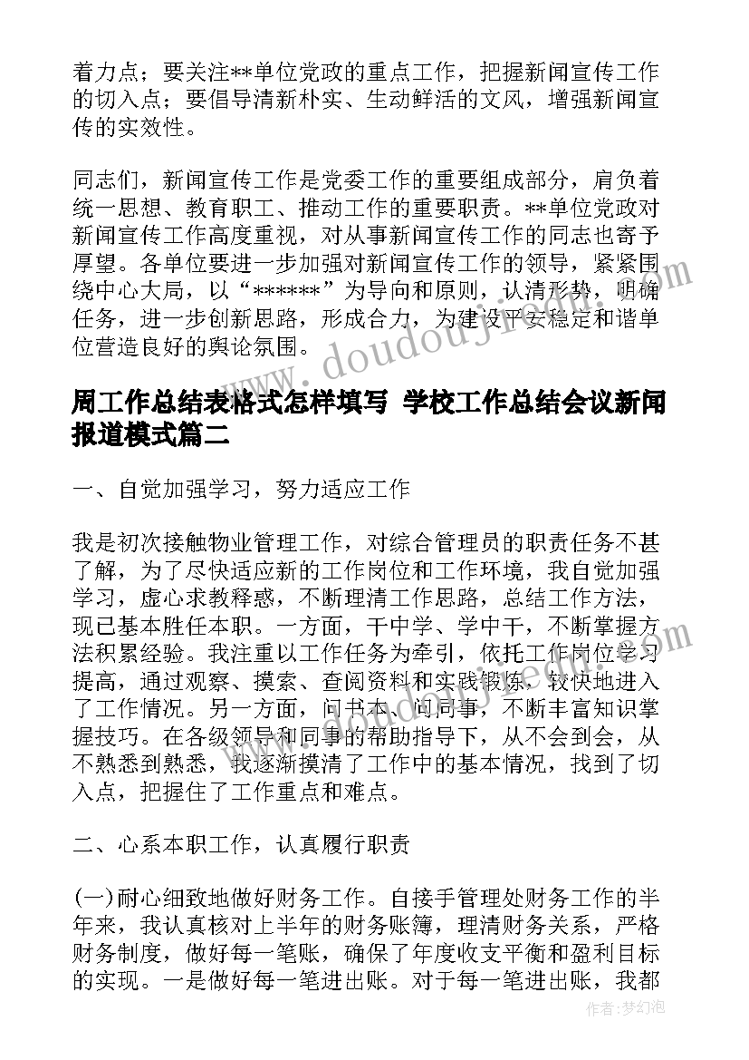 最新周工作总结表格式怎样填写 学校工作总结会议新闻报道模式(通用5篇)