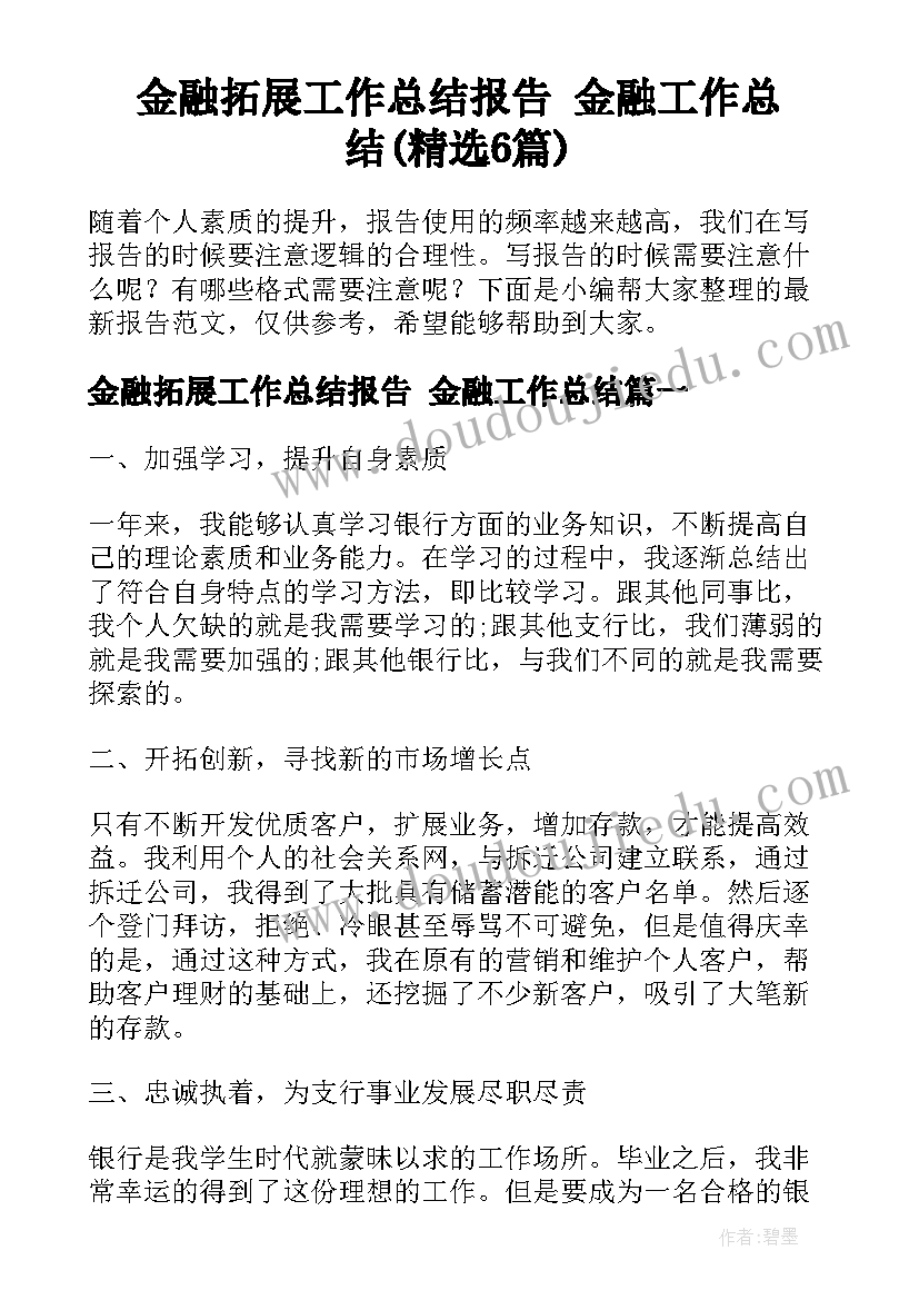 金融拓展工作总结报告 金融工作总结(精选6篇)