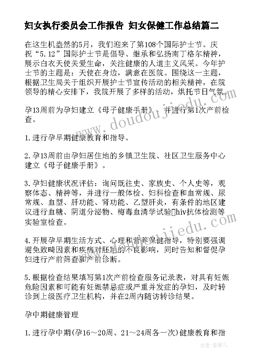 妇女执行委员会工作报告 妇女保健工作总结(大全7篇)