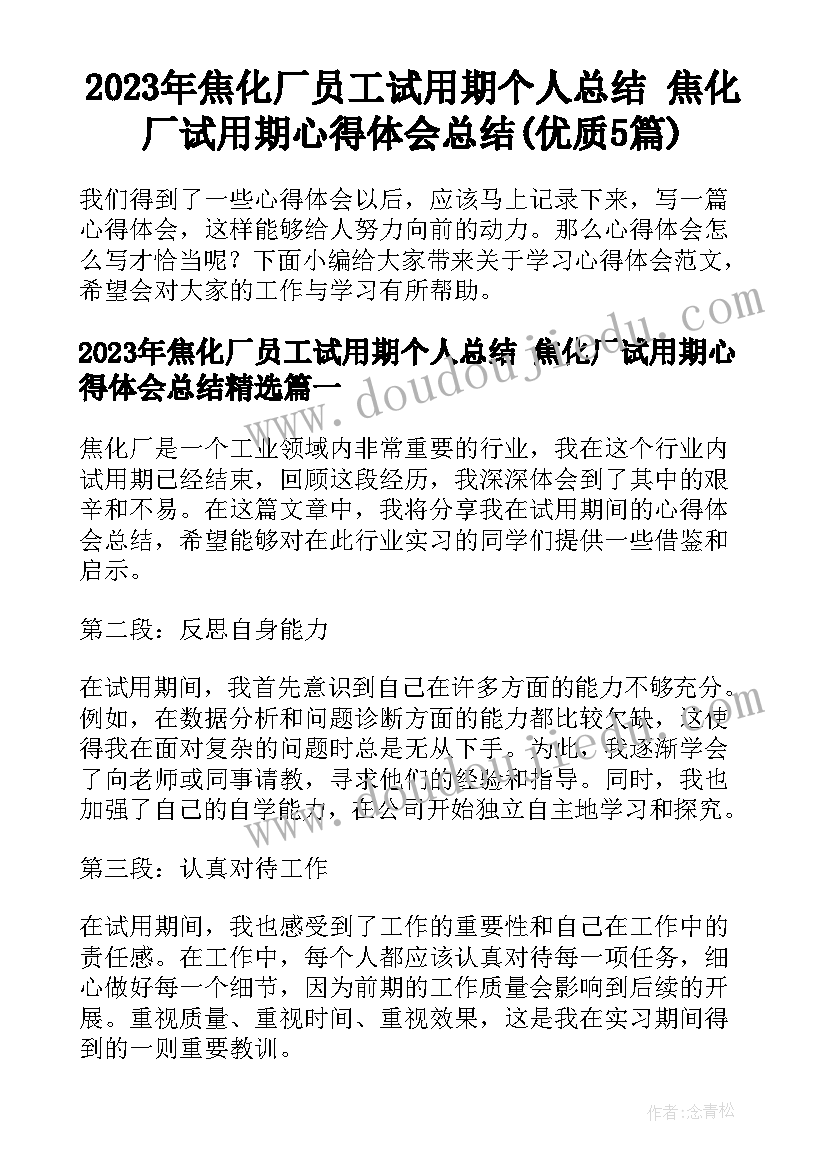 2023年焦化厂员工试用期个人总结 焦化厂试用期心得体会总结(优质5篇)