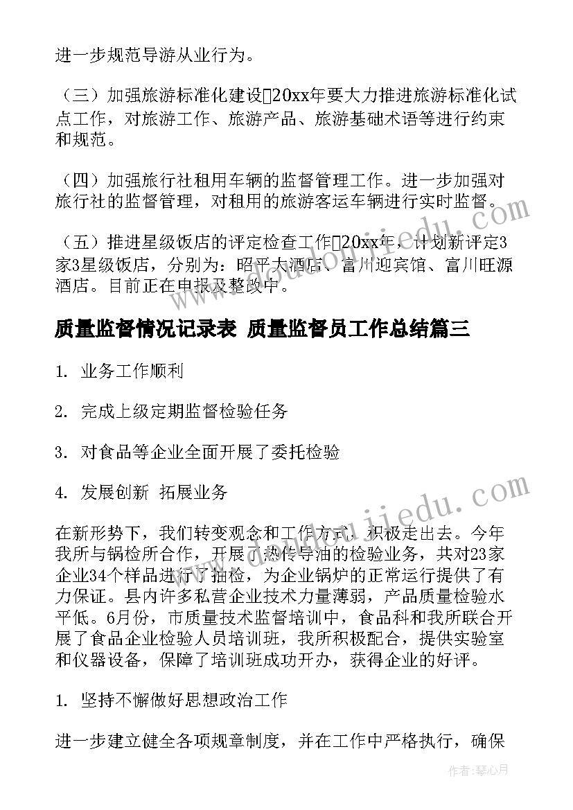 质量监督情况记录表 质量监督员工作总结(通用5篇)