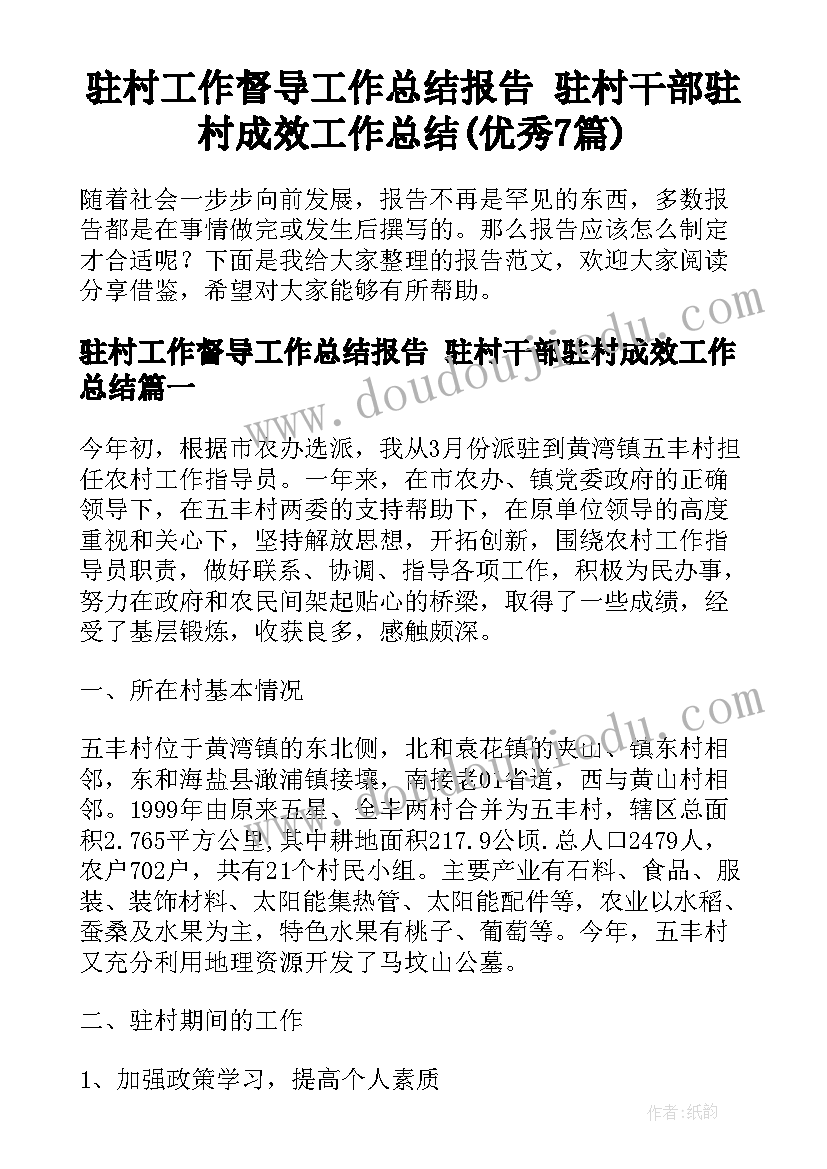 驻村工作督导工作总结报告 驻村干部驻村成效工作总结(优秀7篇)