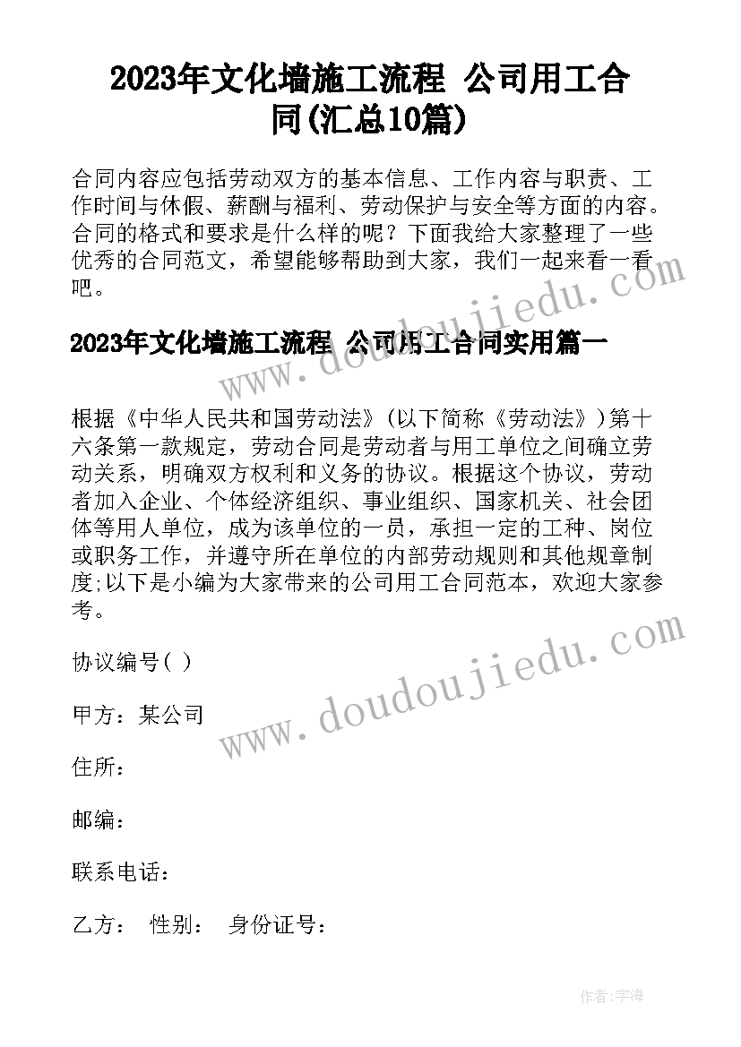 2023年文化墙施工流程 公司用工合同(汇总10篇)