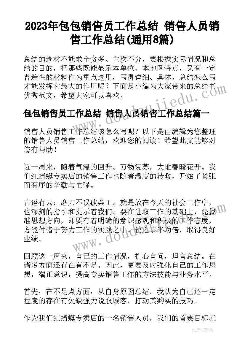 2023年包包销售员工作总结 销售人员销售工作总结(通用8篇)