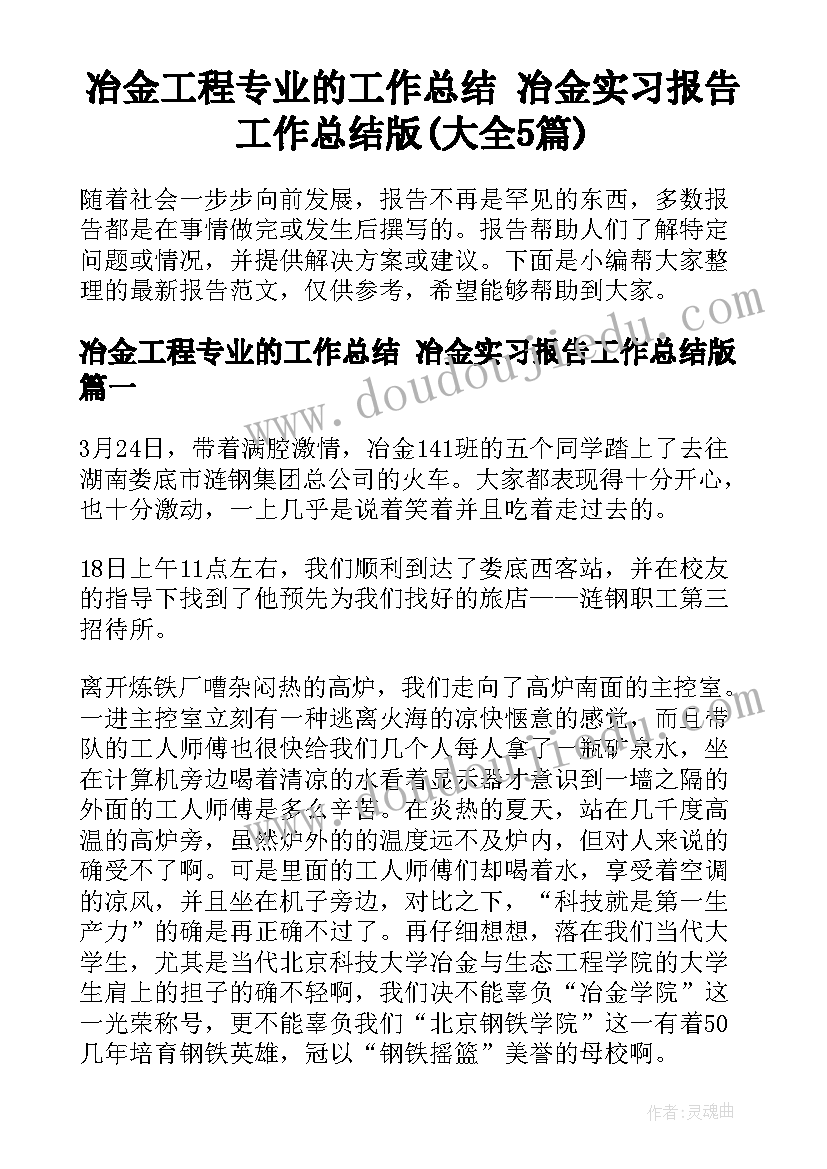 冶金工程专业的工作总结 冶金实习报告工作总结版(大全5篇)