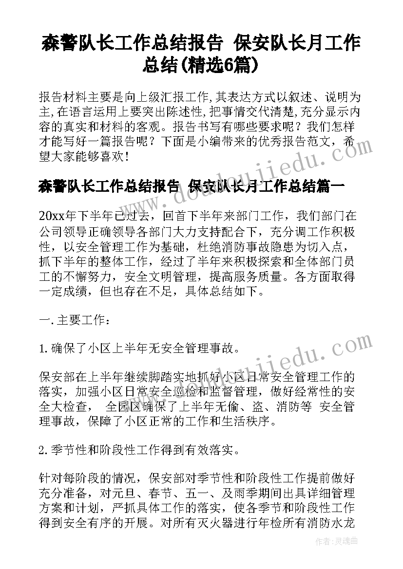 森警队长工作总结报告 保安队长月工作总结(精选6篇)