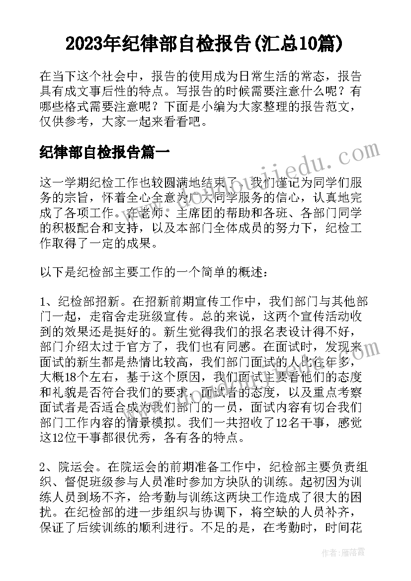 2023年纪律部自检报告(汇总10篇)