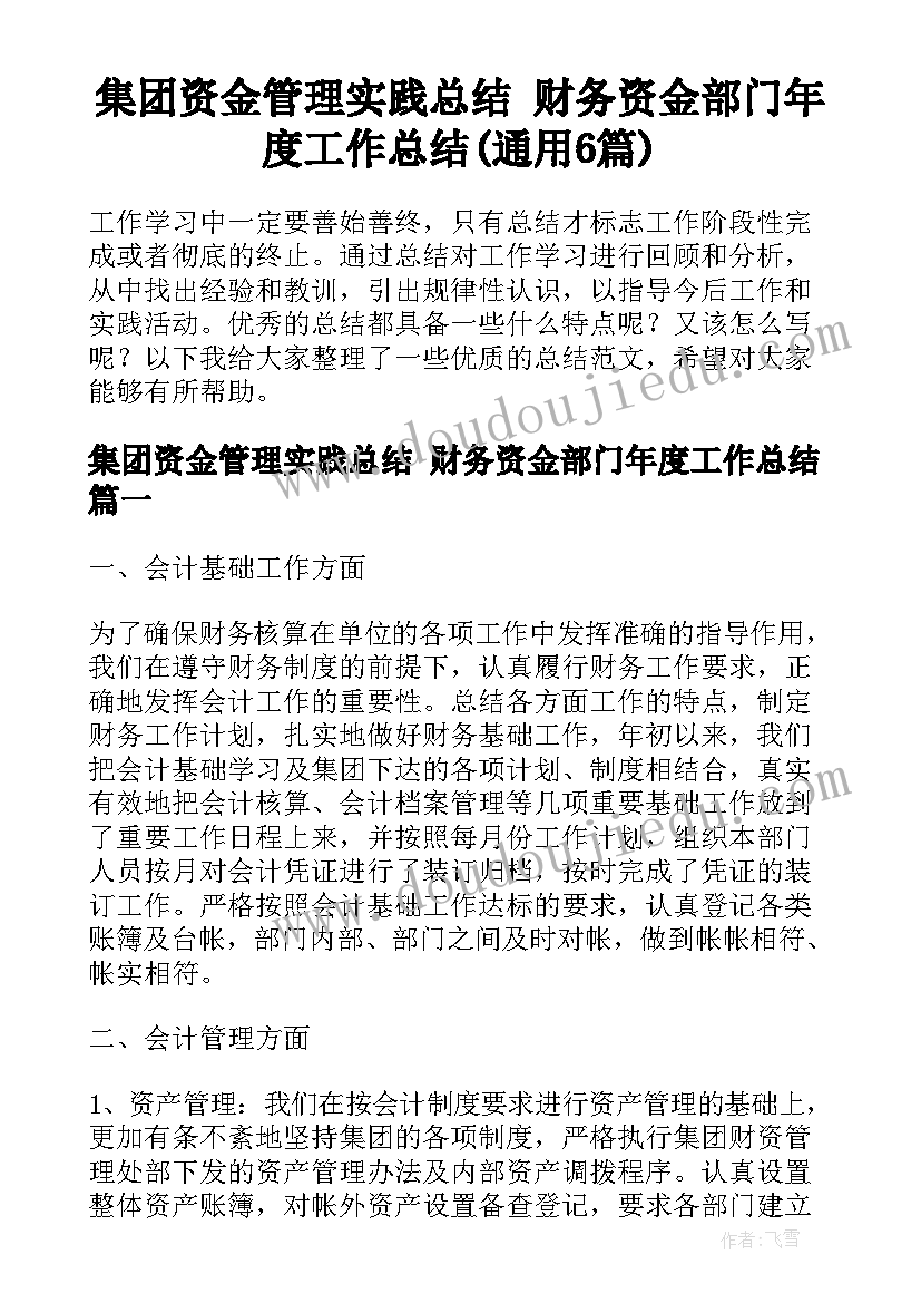 集团资金管理实践总结 财务资金部门年度工作总结(通用6篇)