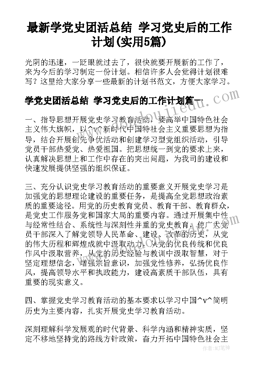 最新学党史团活总结 学习党史后的工作计划(实用5篇)