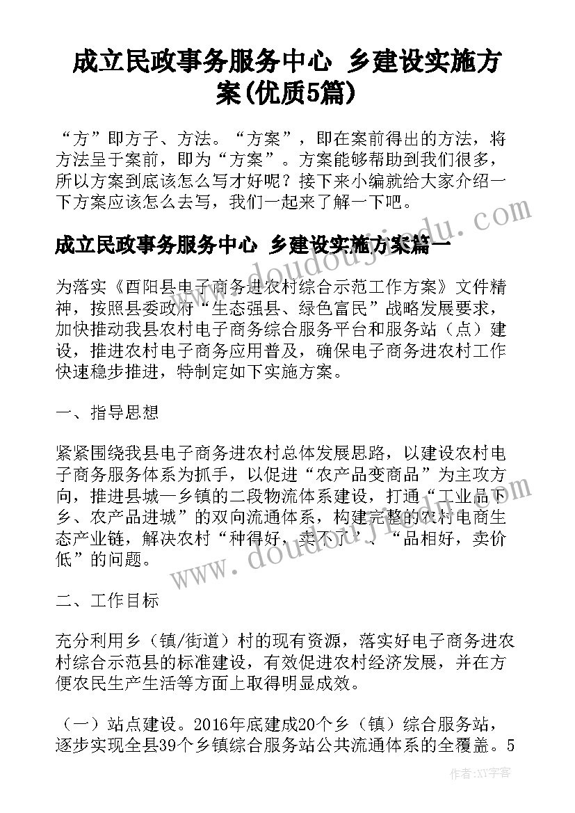 成立民政事务服务中心 乡建设实施方案(优质5篇)