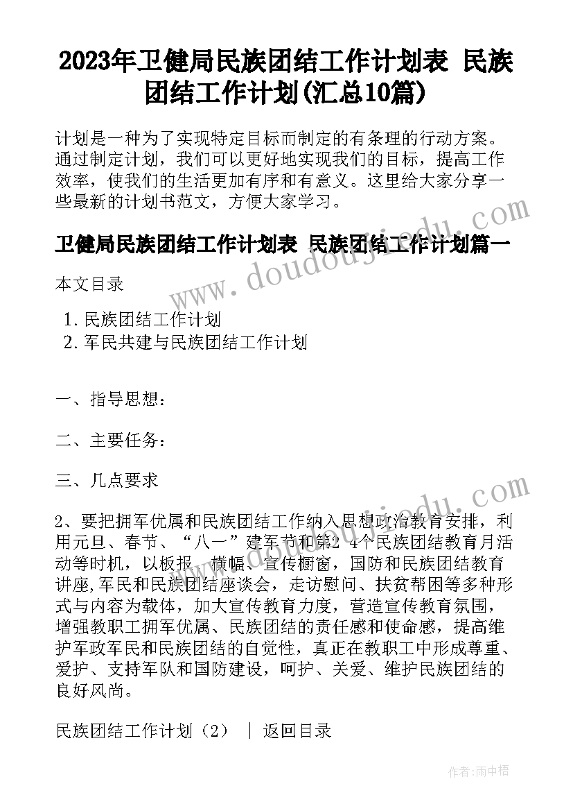 2023年卫健局民族团结工作计划表 民族团结工作计划(汇总10篇)