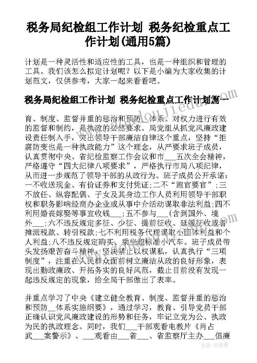 税务局纪检组工作计划 税务纪检重点工作计划(通用5篇)