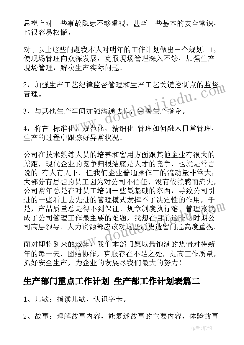 2023年生产部门重点工作计划 生产部工作计划表(优质5篇)