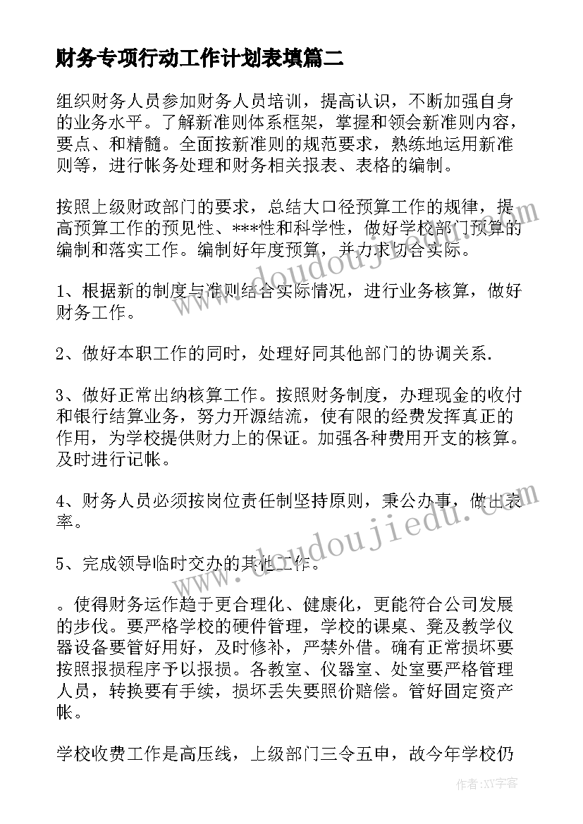 2023年财务专项行动工作计划表填(优秀5篇)