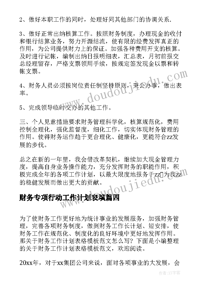 2023年财务专项行动工作计划表填(优秀5篇)