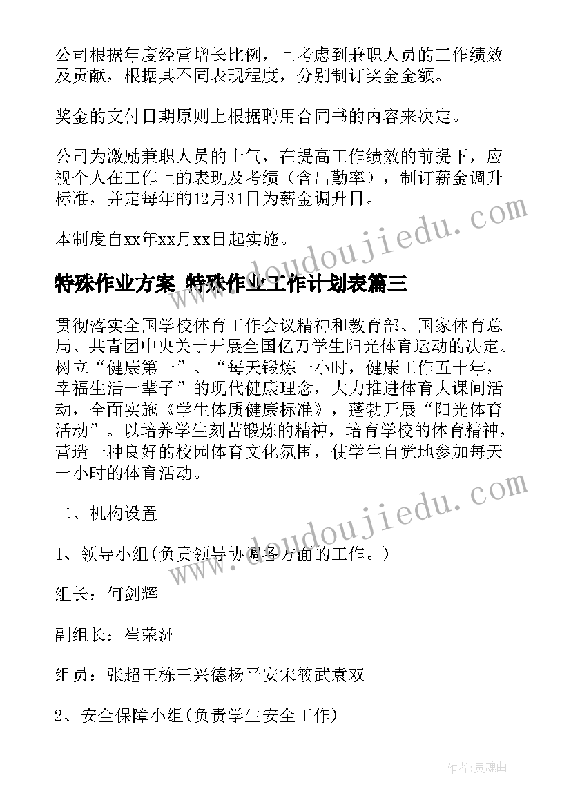 最新特殊作业方案 特殊作业工作计划表(模板7篇)