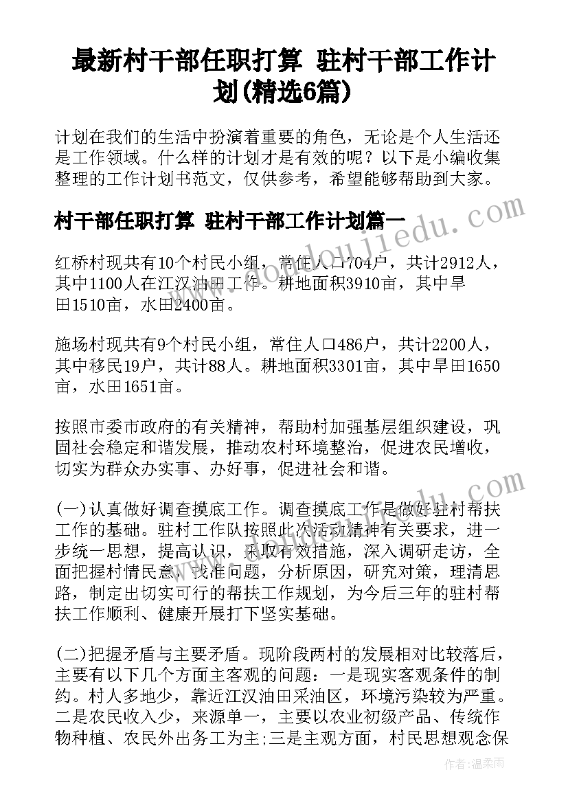 最新村干部任职打算 驻村干部工作计划(精选6篇)