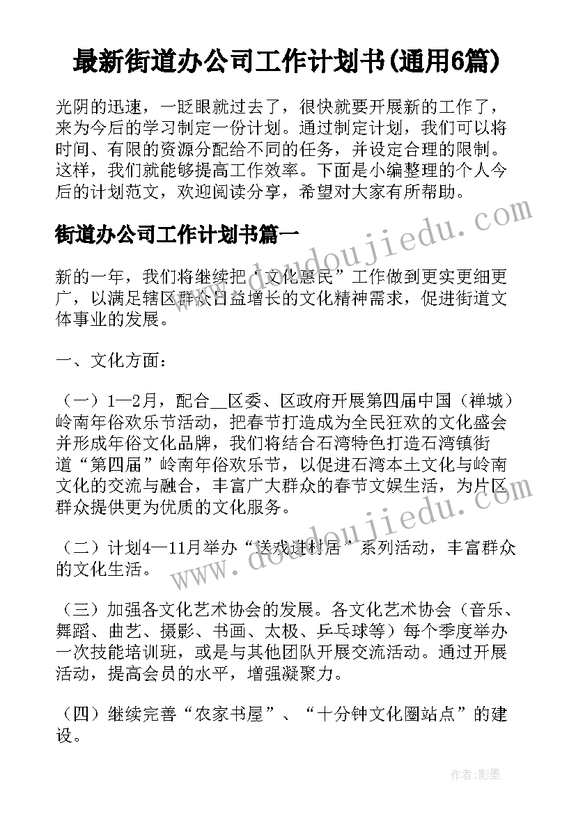 最新街道办公司工作计划书(通用6篇)