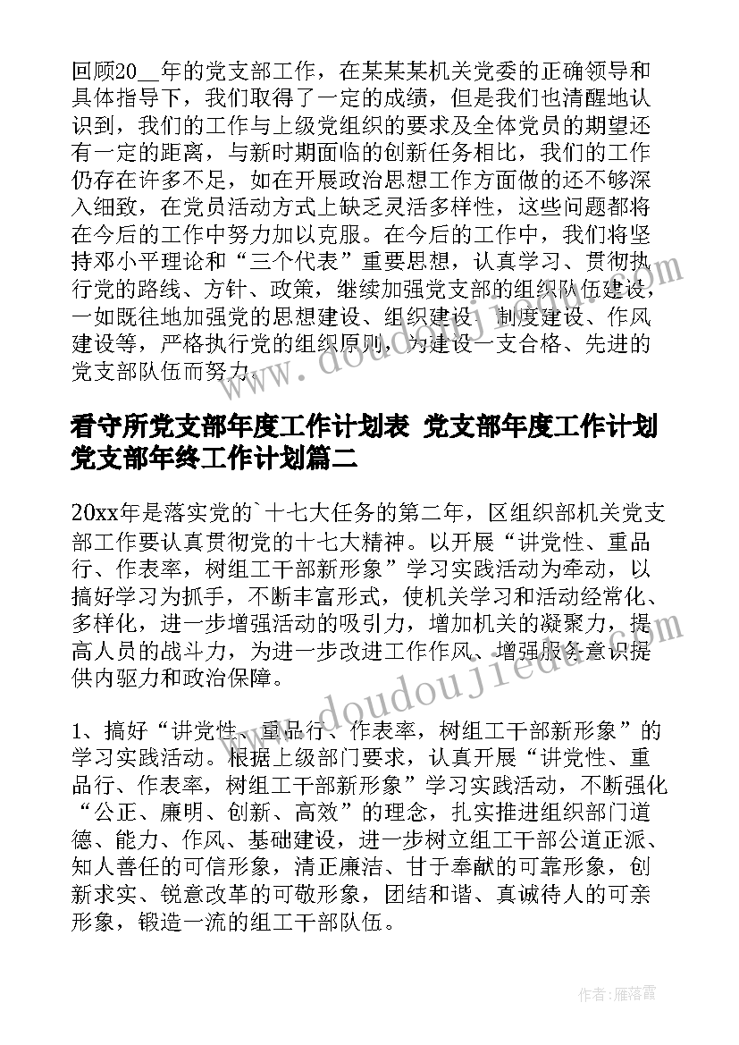 看守所党支部年度工作计划表 党支部年度工作计划党支部年终工作计划(优秀5篇)