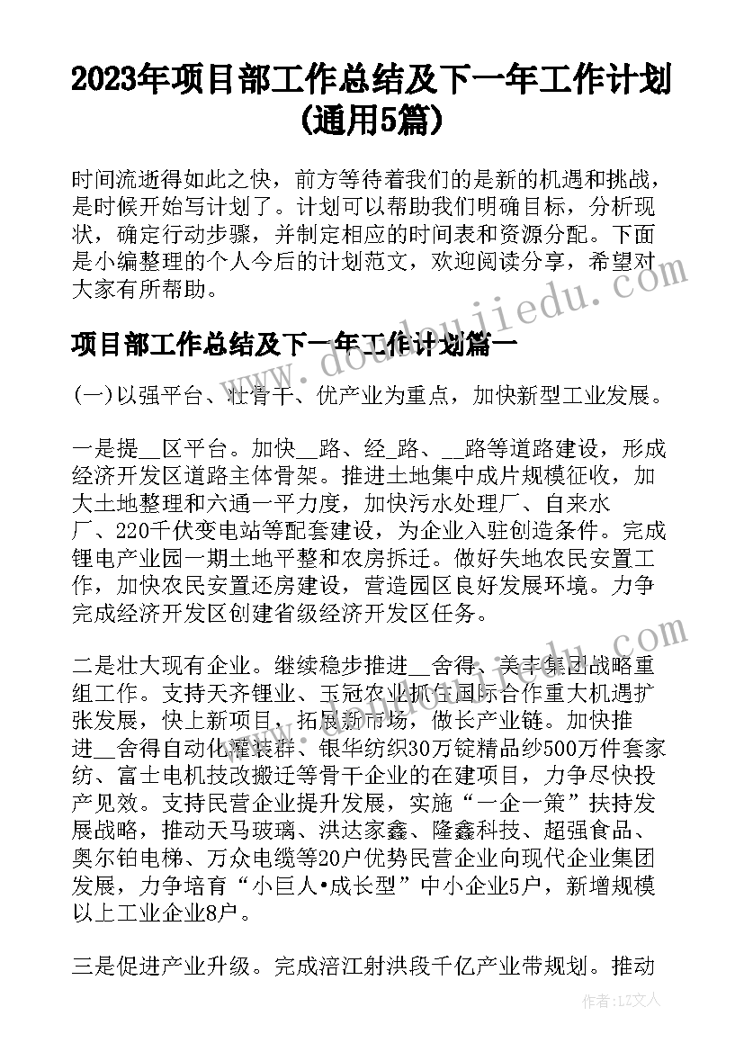 2023年项目部工作总结及下一年工作计划(通用5篇)