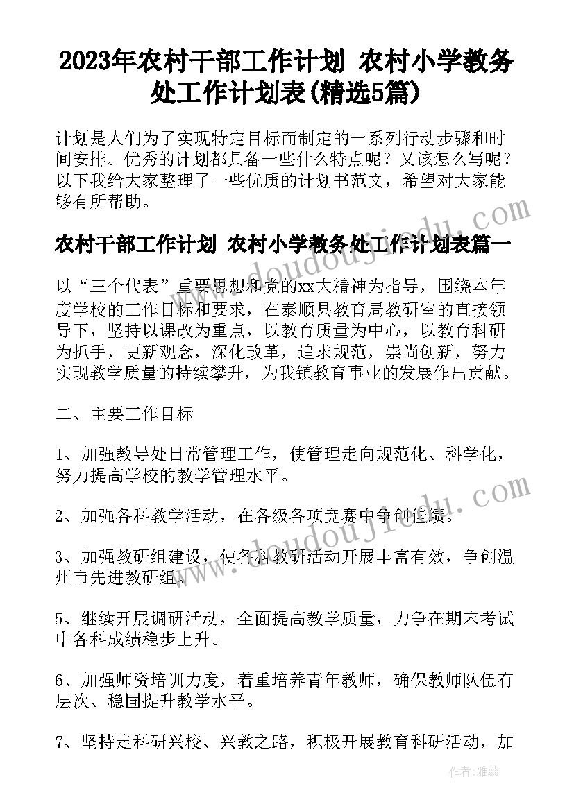 2023年农村干部工作计划 农村小学教务处工作计划表(精选5篇)