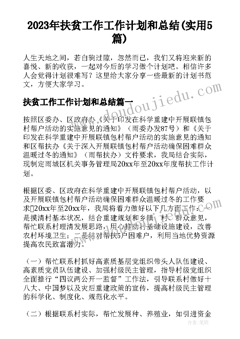 2023年扶贫工作工作计划和总结(实用5篇)