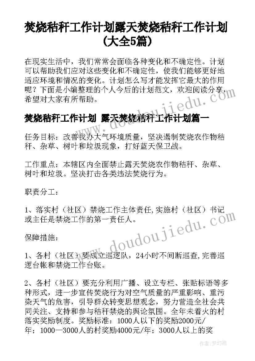 焚烧秸秆工作计划 露天焚烧秸秆工作计划(大全5篇)