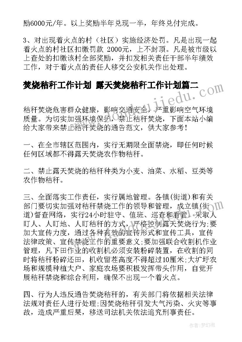 焚烧秸秆工作计划 露天焚烧秸秆工作计划(大全5篇)