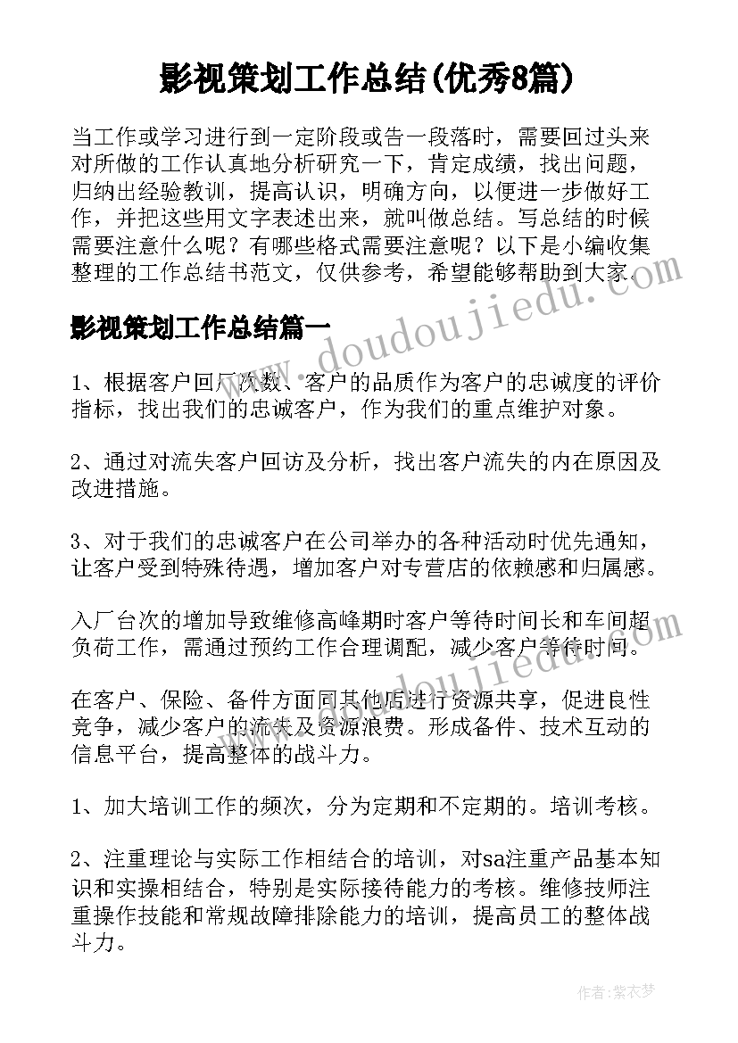 影视策划工作总结(优秀8篇)