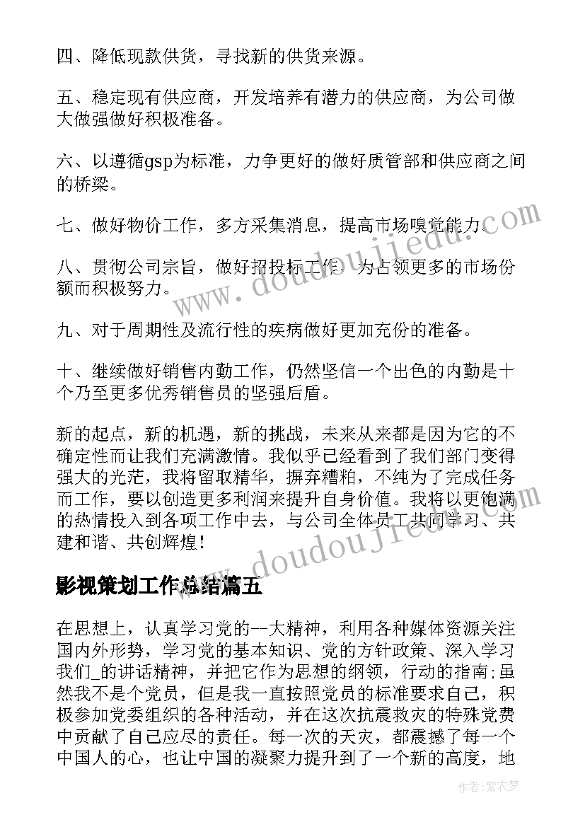 影视策划工作总结(优秀8篇)