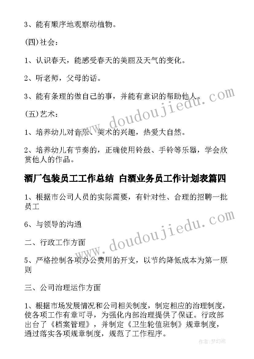 最新酒厂包装员工工作总结 白酒业务员工作计划表(模板5篇)