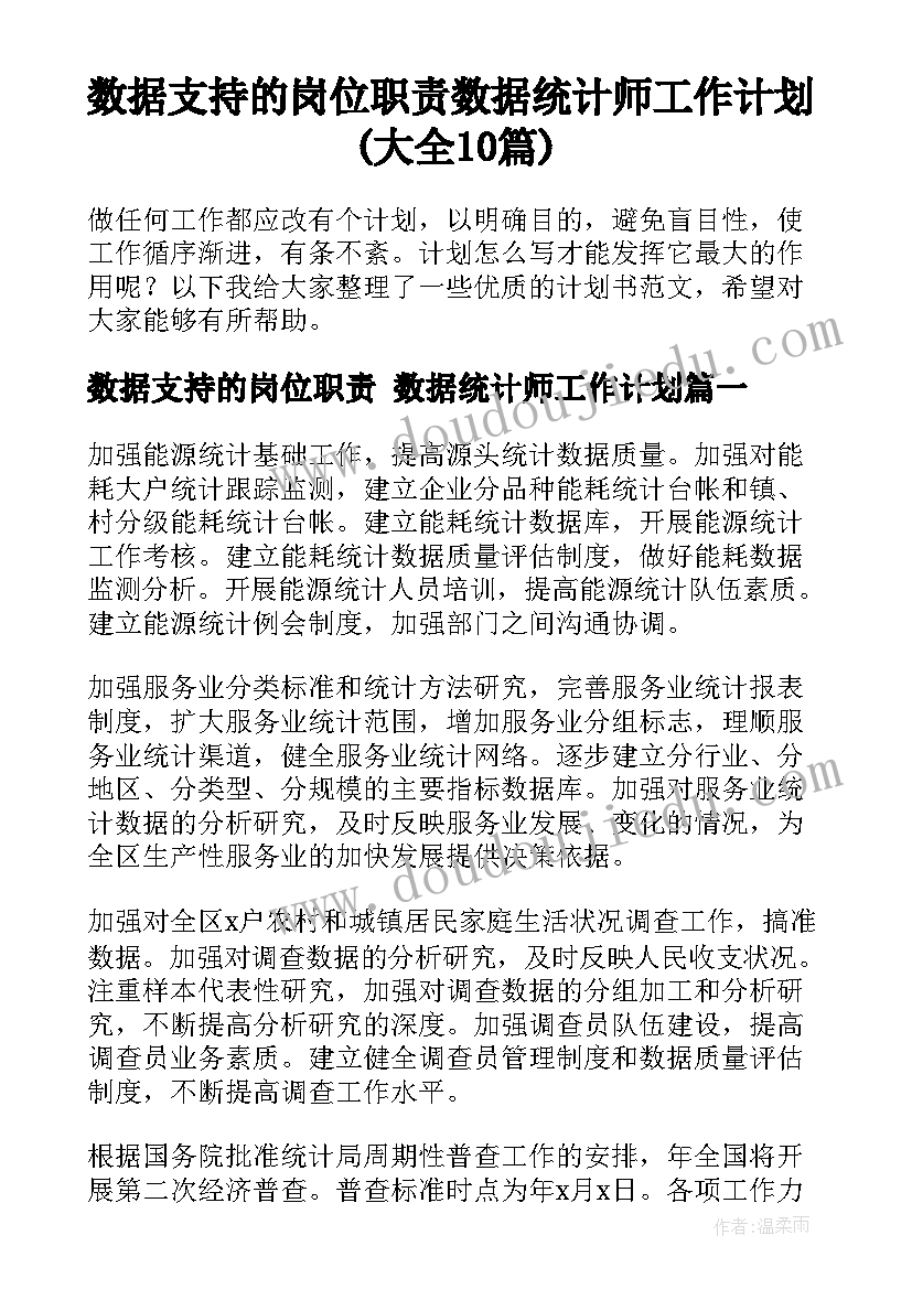 数据支持的岗位职责 数据统计师工作计划(大全10篇)