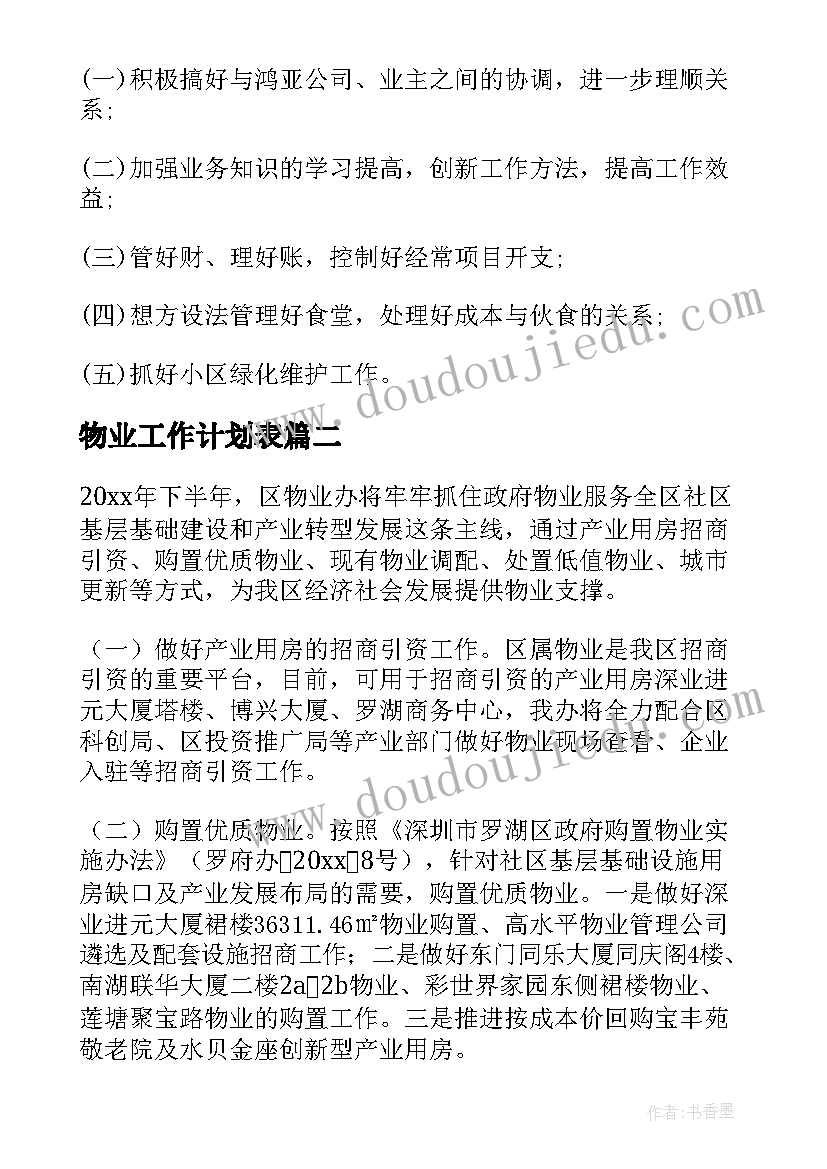 物业工作计划表(实用8篇)