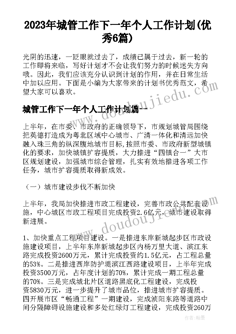 2023年城管工作下一年个人工作计划(优秀6篇)