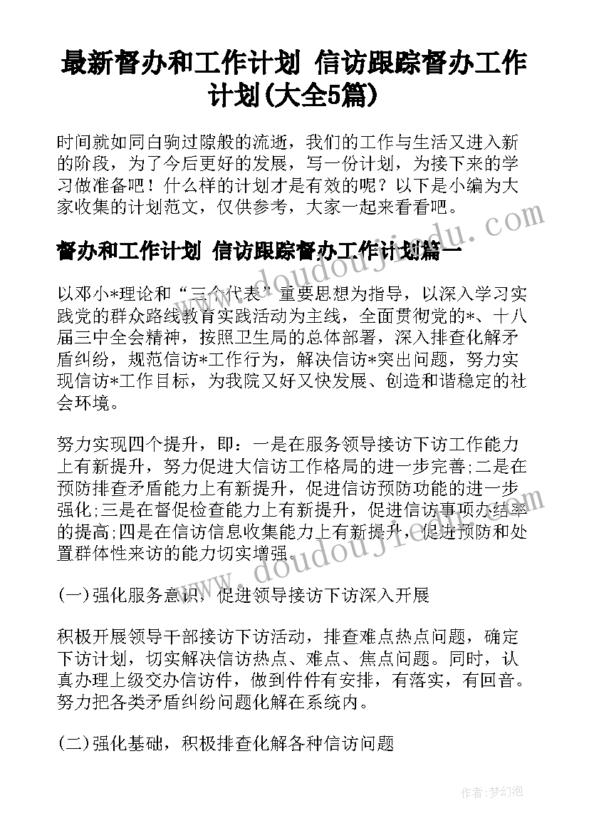 最新督办和工作计划 信访跟踪督办工作计划(大全5篇)