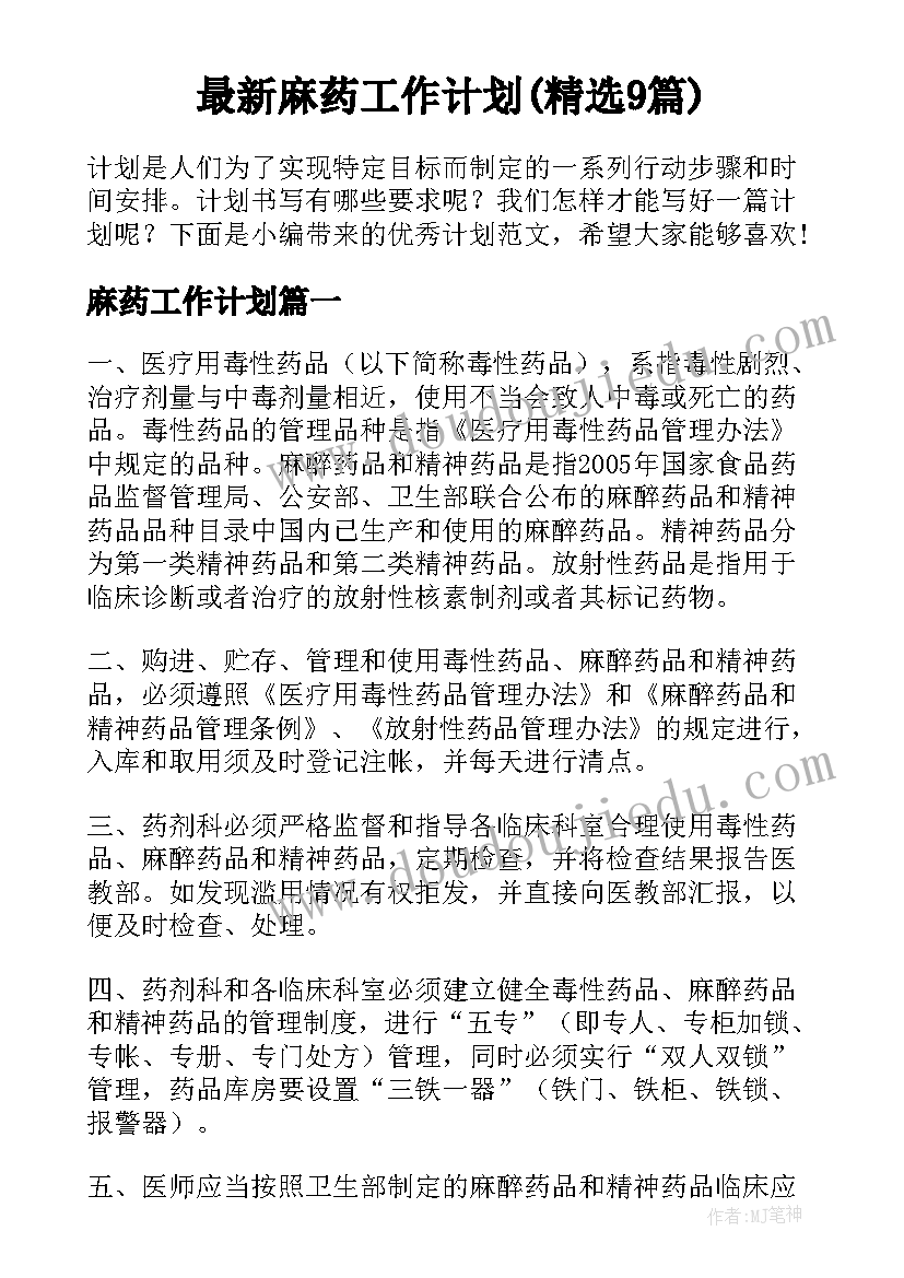 最新麻药工作计划(精选9篇)