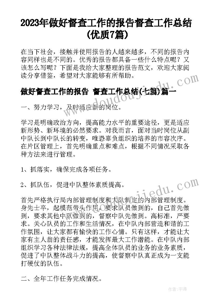 2023年做好督查工作的报告 督查工作总结(优质7篇)