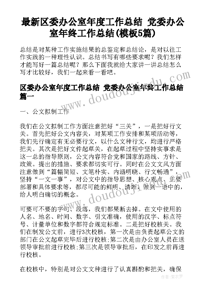 最新区委办公室年度工作总结 党委办公室年终工作总结(模板5篇)