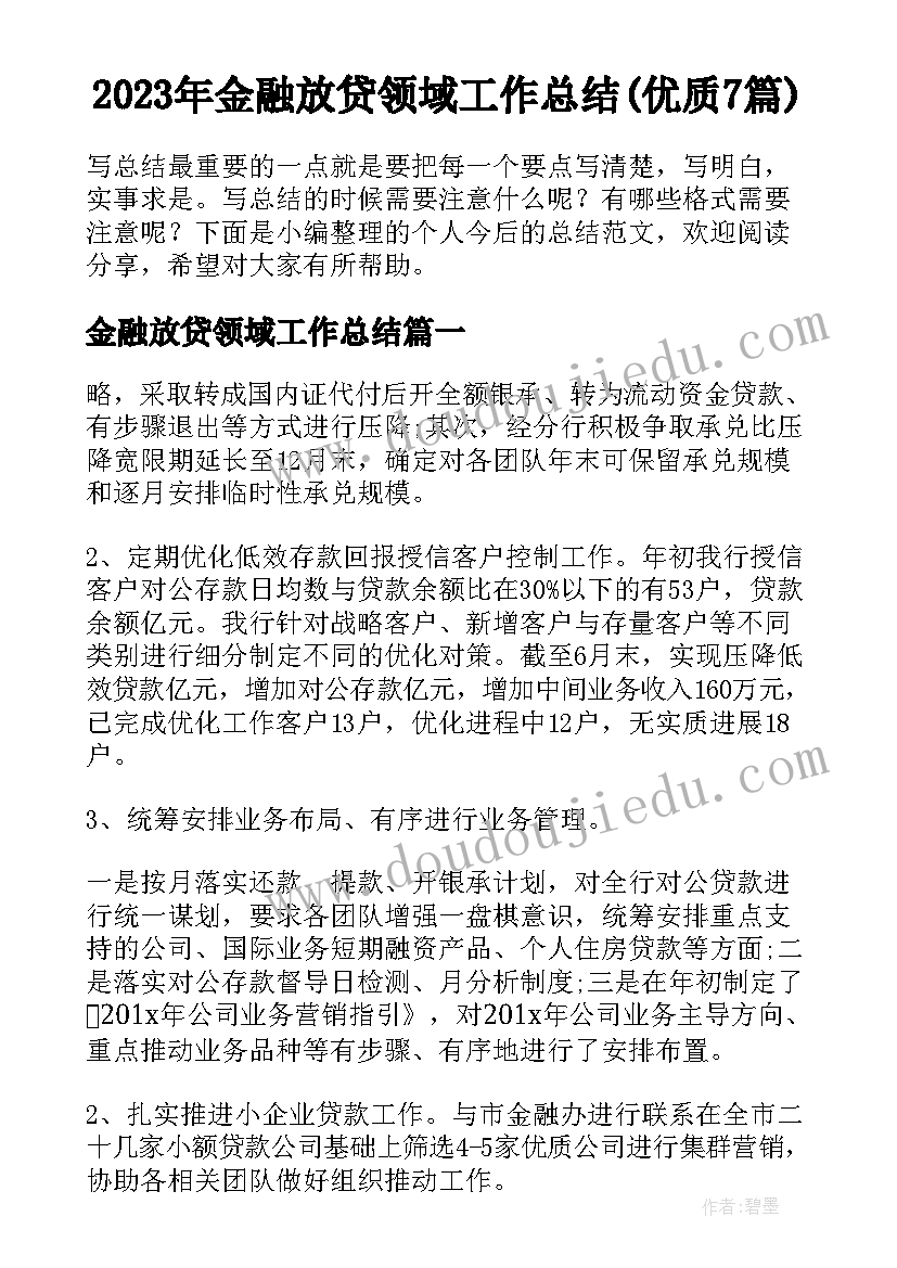 2023年金融放贷领域工作总结(优质7篇)