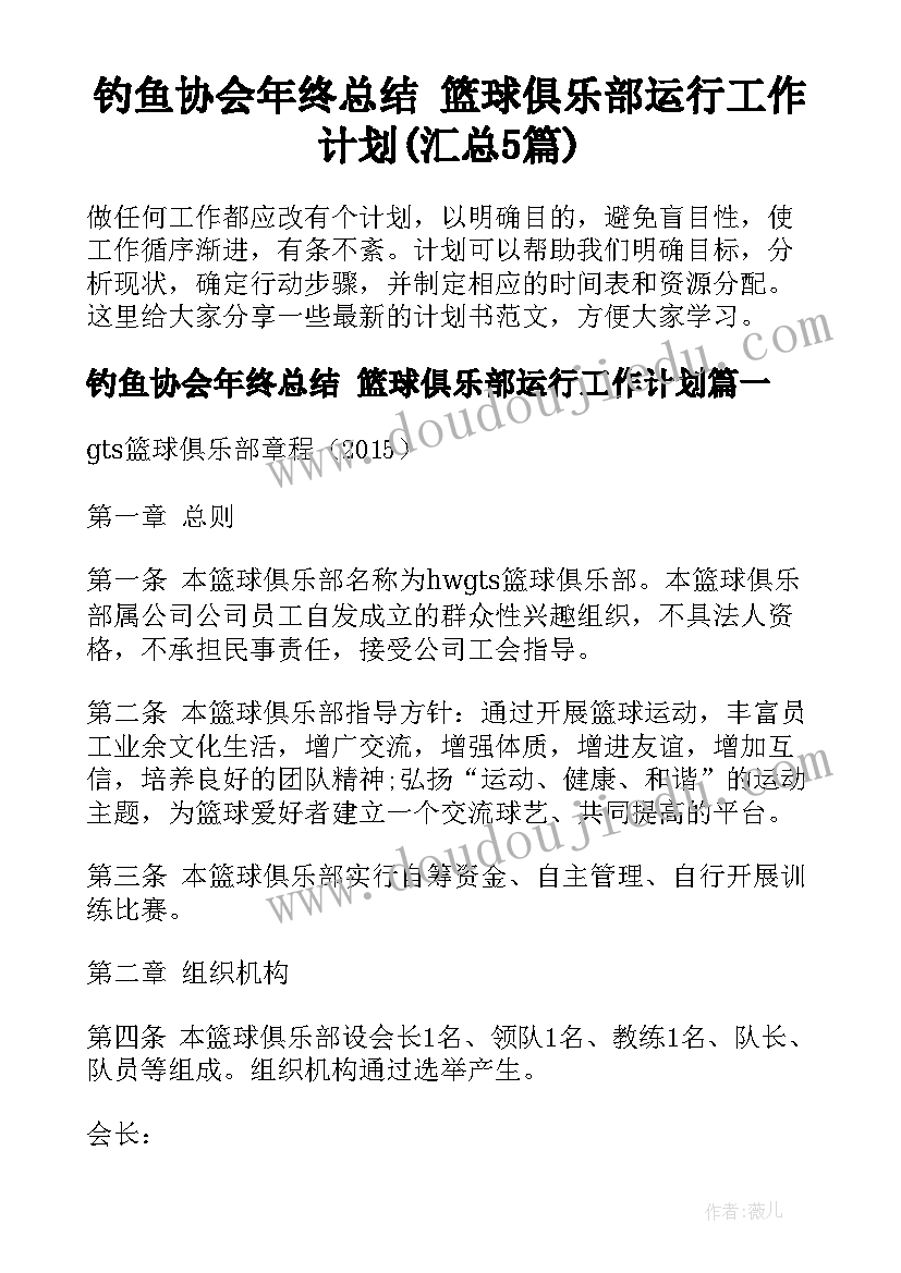 钓鱼协会年终总结 篮球俱乐部运行工作计划(汇总5篇)