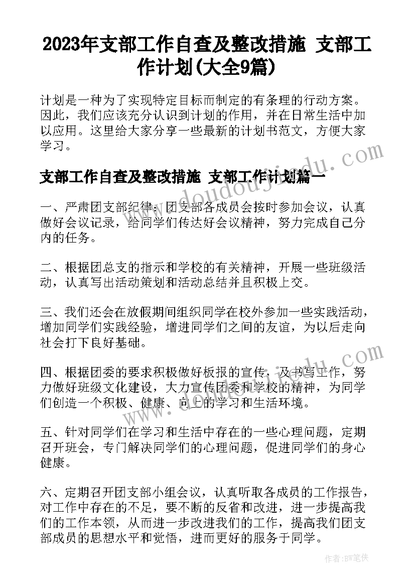 2023年支部工作自查及整改措施 支部工作计划(大全9篇)